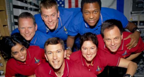 STS-107 Crewmembers in a "Flying" Pose