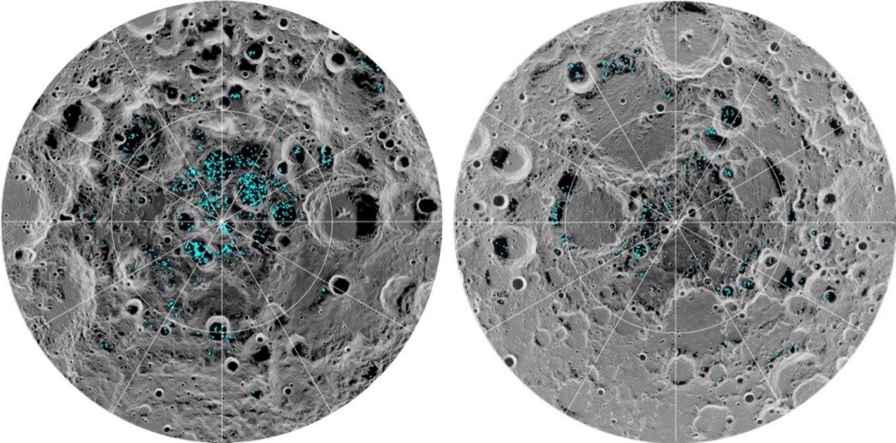 Distribution of surface ice at the Moon's south pole (left) and north pole (right), detected by NASA's Moon Mineralogy Mapper instrument. Blue represents the location of water ice. (Credit NASA)